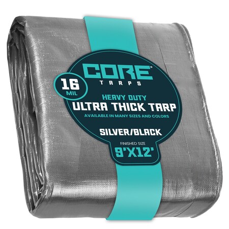 Core Tarps Heavy Duty Tarp, 12 ft L x 0.5 mm H x 9 ft W, 16 Mil, Silver/Black, Polyethylene CT-301-9X12